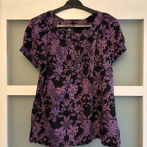 Apt. 9 Purple & Black Damask Floral Short Sleeve Blouse - M